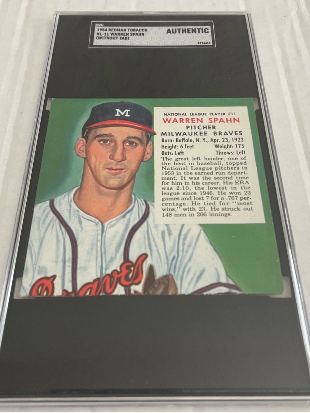 1954  Redman Tobacco Warren Spahn #NL-11 (Without Tab) SGC A Vintage Baseball